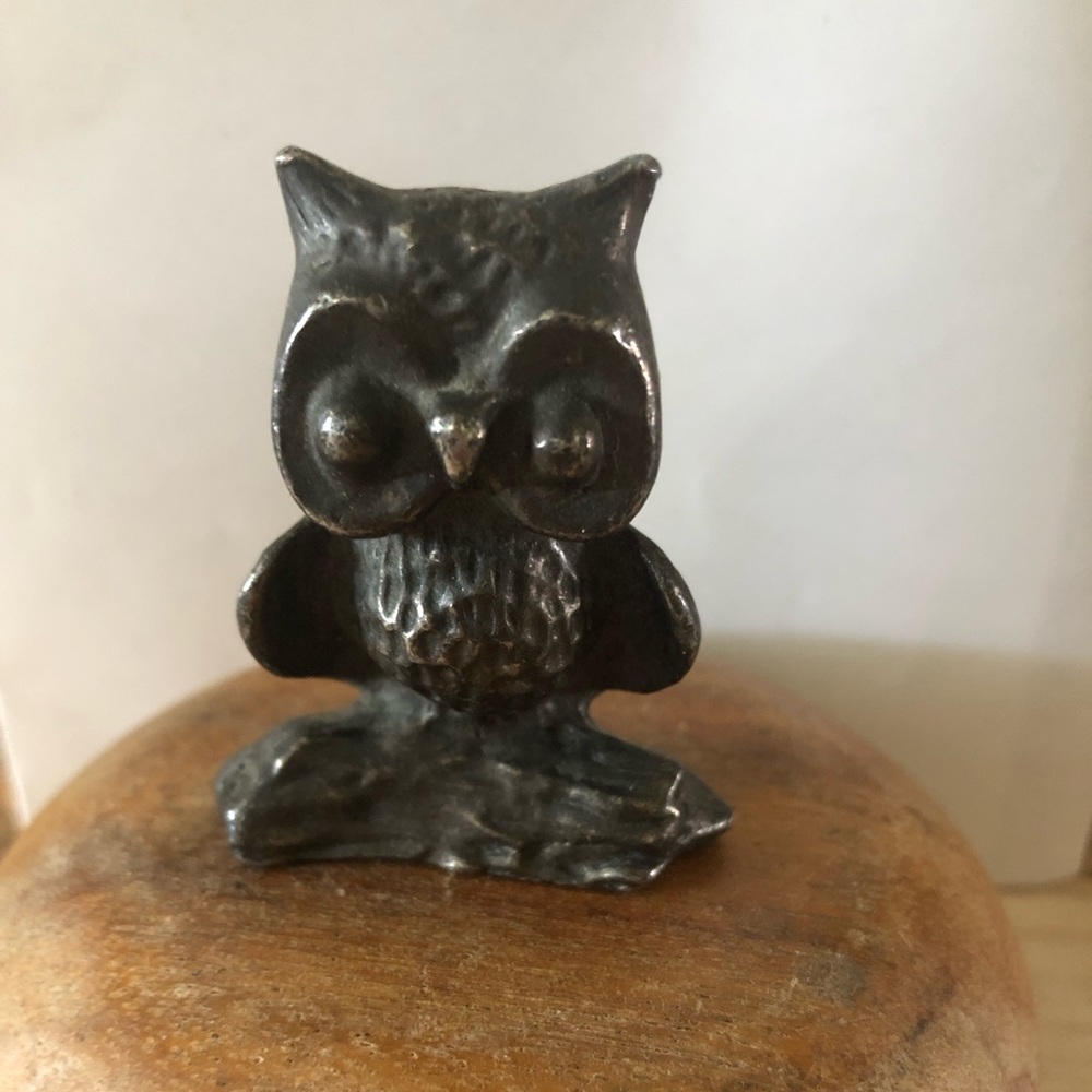 Vintage Ampersand Mini Pewter Owl Figurine Metal Carved Look 2.25x1.5”